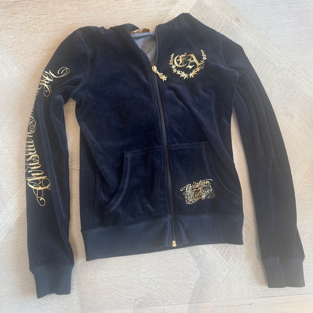 Ed Hardy Christian Audigier black velvet skull hoodie
